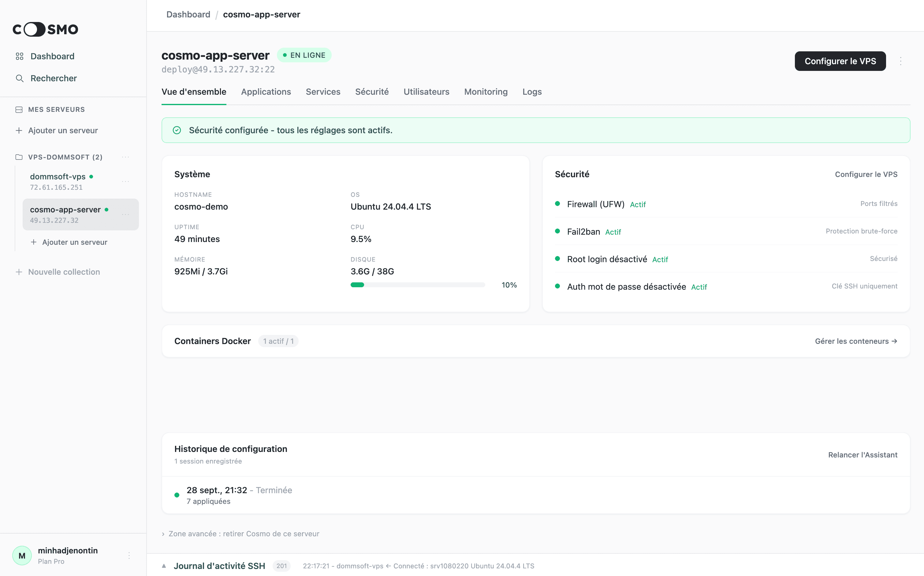 Coxios desktop app - server detail view with system metrics, security status, Docker containers and live SSH log
